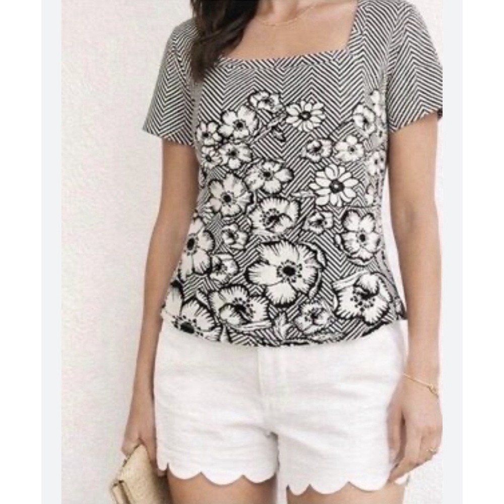 Maeve Anthropologie Hellebore Top XL Black White Floral Chevron Square Neck Knit